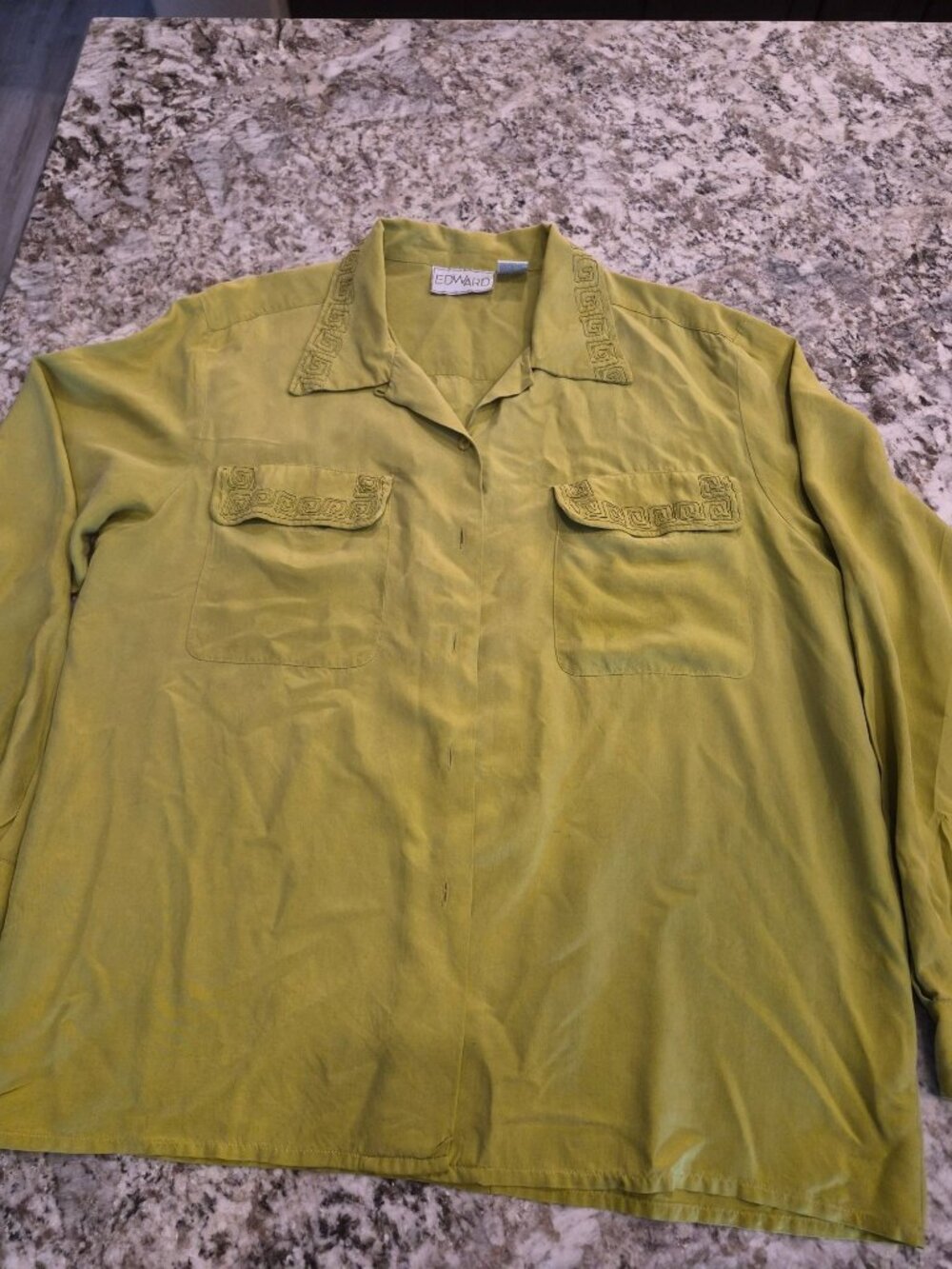 Edward Womens Lime Green 100% Silk Button-Up Shirt Embroidered Design Size Large